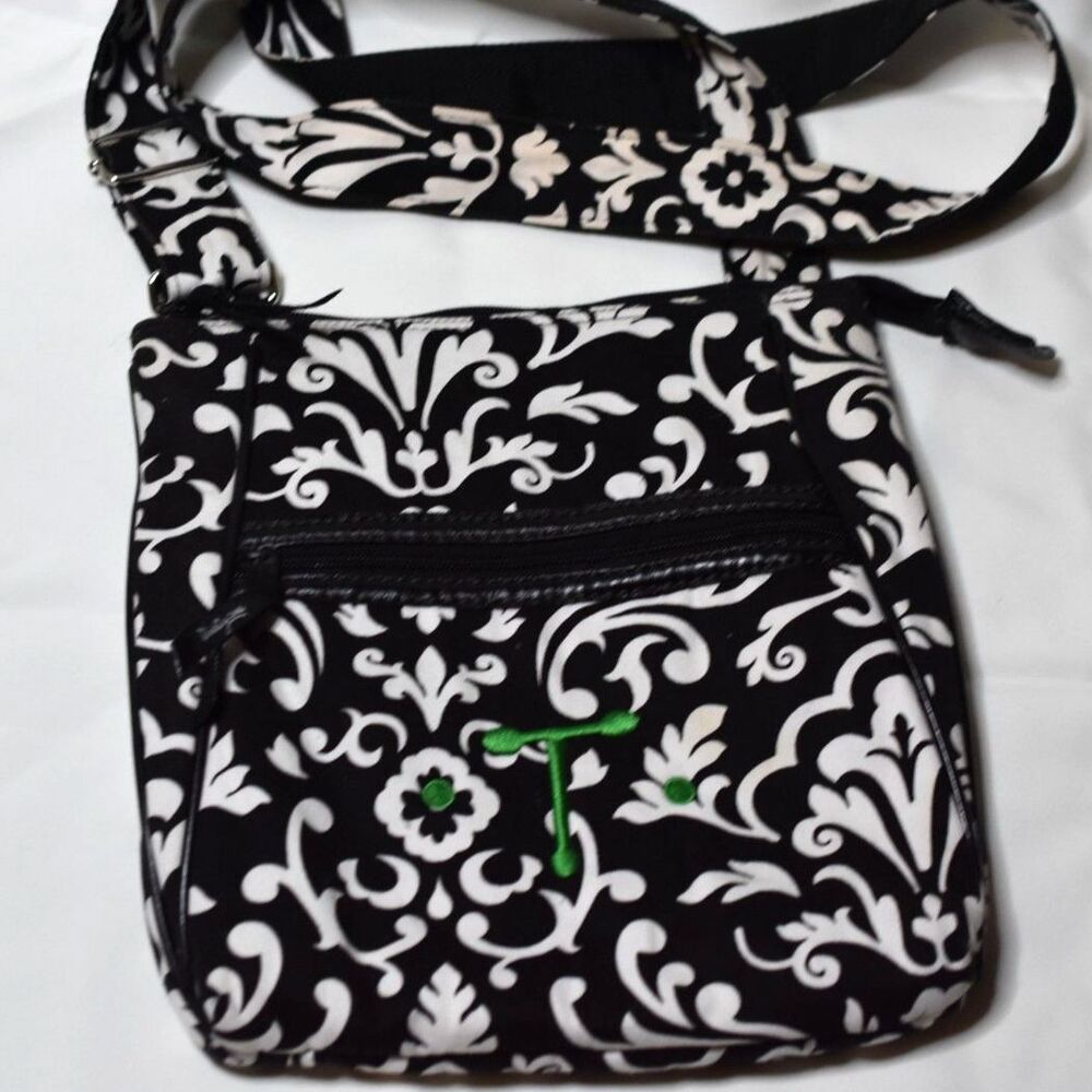 Thirty-One Black/White Parisian Pop Monogramed "T" Shoulder/Crossbody Purse